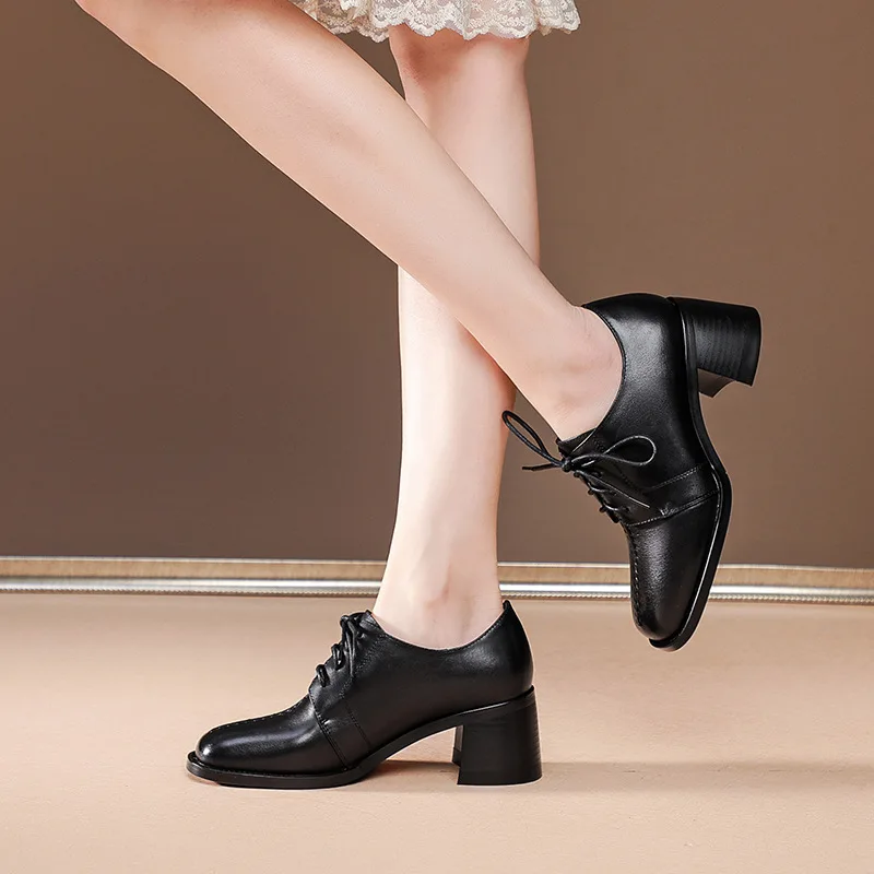 

New Women Pumps Shoes Genuine Leather Round Head Lace Up Thick High Heels Solid Casual Female Shoes Plus Size 42 Tacones 2021