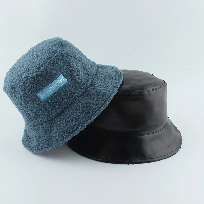 

2020 Reversible Leather Fisherman Hat Faux Fur Winter Hats For Women Men Bob Bucket Hat Warm Plush Lambswool Fishing Cap