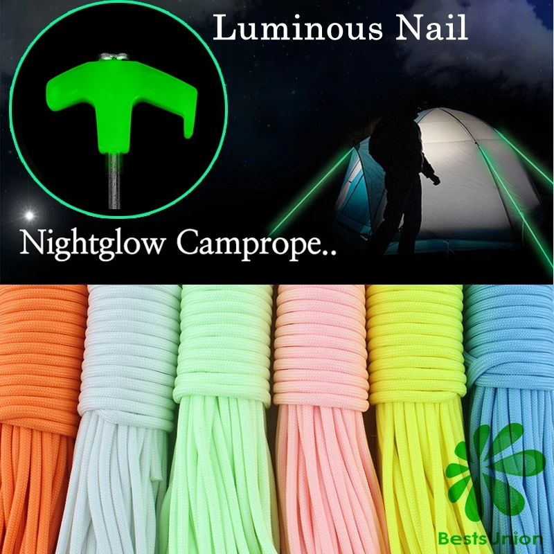 

20 м Nightglow Camprope 25 см светящийся гвоздь открытый кемпинг аксессуары для палаток брезент навес флуоресцентная веревка для скалолазания