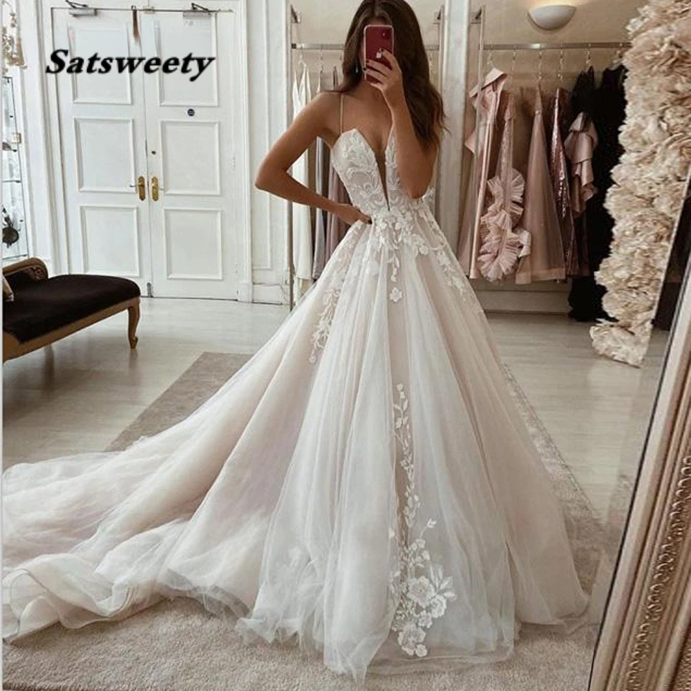 

A Line Wedding Dress Deep V Neck Wedding Dresses For Women Spaghetti Straps Sexy Vestidos De Novia Bridal Gown 2023
