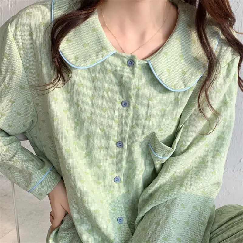 QWEEK Cotton Pajamas for Women Korean Heart Print Pijamas Autumn Sleepwear Kawaii Doll Collar Pyjama Female 2 Piece Set Homewear
