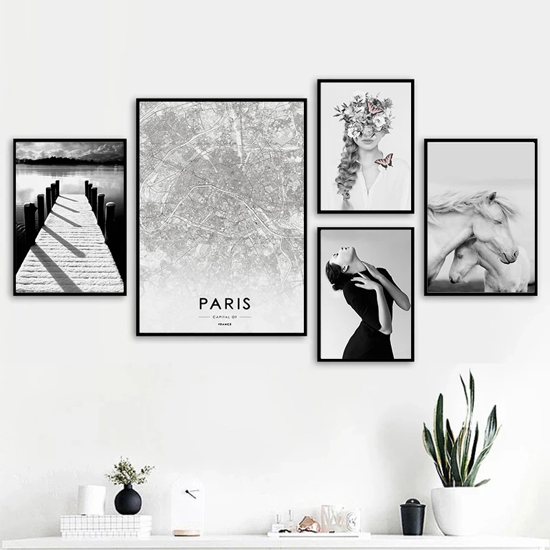 

Black and White Paris Woman Horse Bridge Scenery Modern Posters and Prints Picture Wall Art Nordic Canvas Painting Home Decor