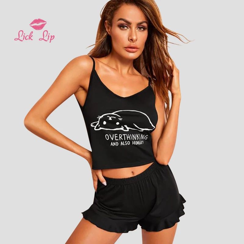 

Lick Lip Solid Cotton Sling Ladies Pajamas Set Thin Section Cartoon Pattern Sleepwear Comfort Breathable Home Wear SWD12635-30