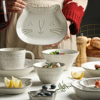 cartoon cat ceramic tableware embossed household rice bowl cute fish plate dinner plates dishes and plates sets coffee mug tray
