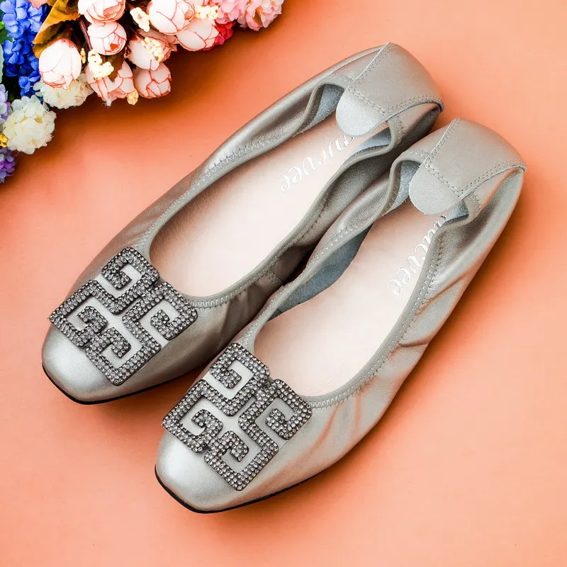 Genuine Leather Women Flats Spring Summer Slip-On Flat Shoes Square Toe Sapato Feminino Drop-shipping Rhinestone Women Ballerina