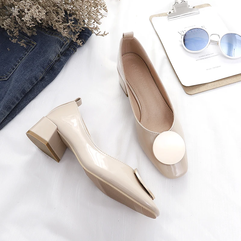 

Hjwsfdcai Fashion Metal Decor Shallow Women Grandma Shoes Patent Leather Square Toe Female Spring Casual Shoes For Woman Zapatos