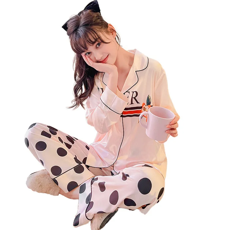 

2021 The New Women's Pajamas Spring Long-Sleeved Trousers Dots Printing Home Service Suit