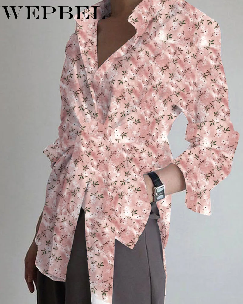 

Mandylandy Fashion Women Autumn Long Sleeve Print Button Down Shirt Blouse Top Casual Single Breasted Shirt with Belt