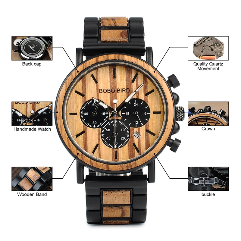 BOBO BIRD деревянные часы для мужчин Секундомер Хронограф relojes hombre Показать дату деревянные кварцевые наручные часы Мужские часы в подарочной коробке