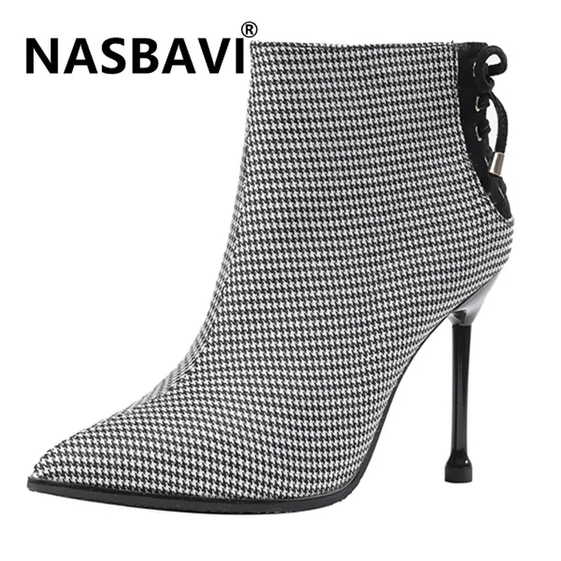 Новые женские ботильоны с рисунком гусиные лапки вышивкой модные сапожки острым