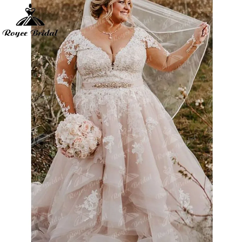 

robe de mariée Plus Size Long Sleeve Lace Appliques Beading V Neck Illusion Wedding Dress vestido de fiesta de boda Roycebridal