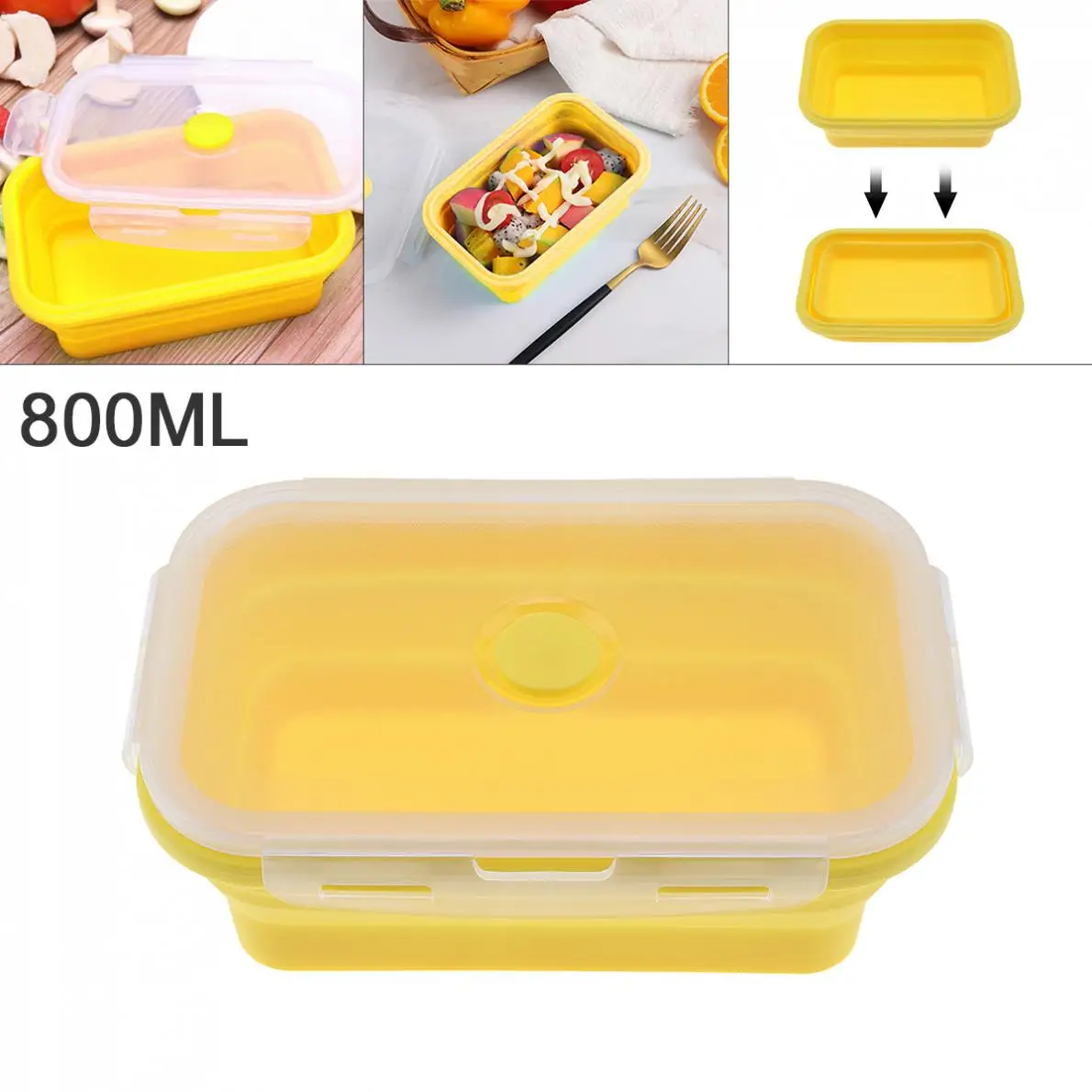 

Yellow 800ML Portable Rectangle Silicone Scalable Folding Lunchbox Bento Box with Silicone Sealing Plug for -40~230 Centigrade