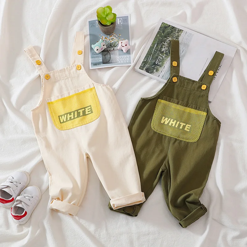 

Children's Overalls 2021 New Kids Boys Girls Cotton Letter Pocket Casual Jumpsuits Korean Loose Baby High Quality Pants Trousers