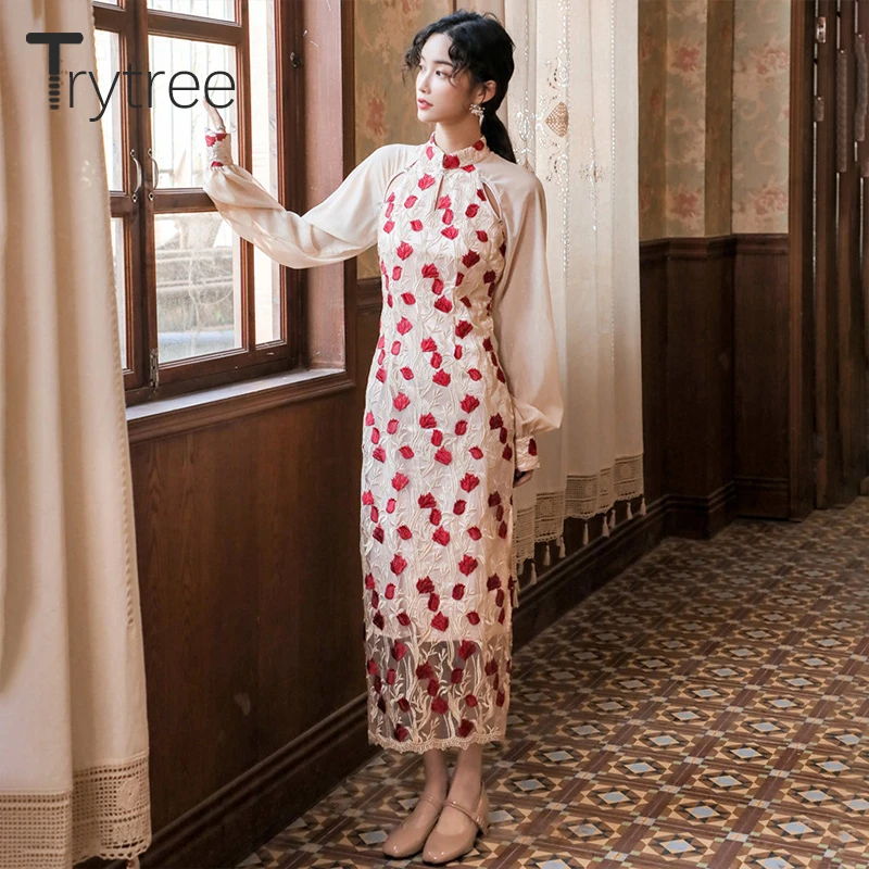 Весеннее женское платье Trytree 2020 Повседневное с воротником-стойкой и