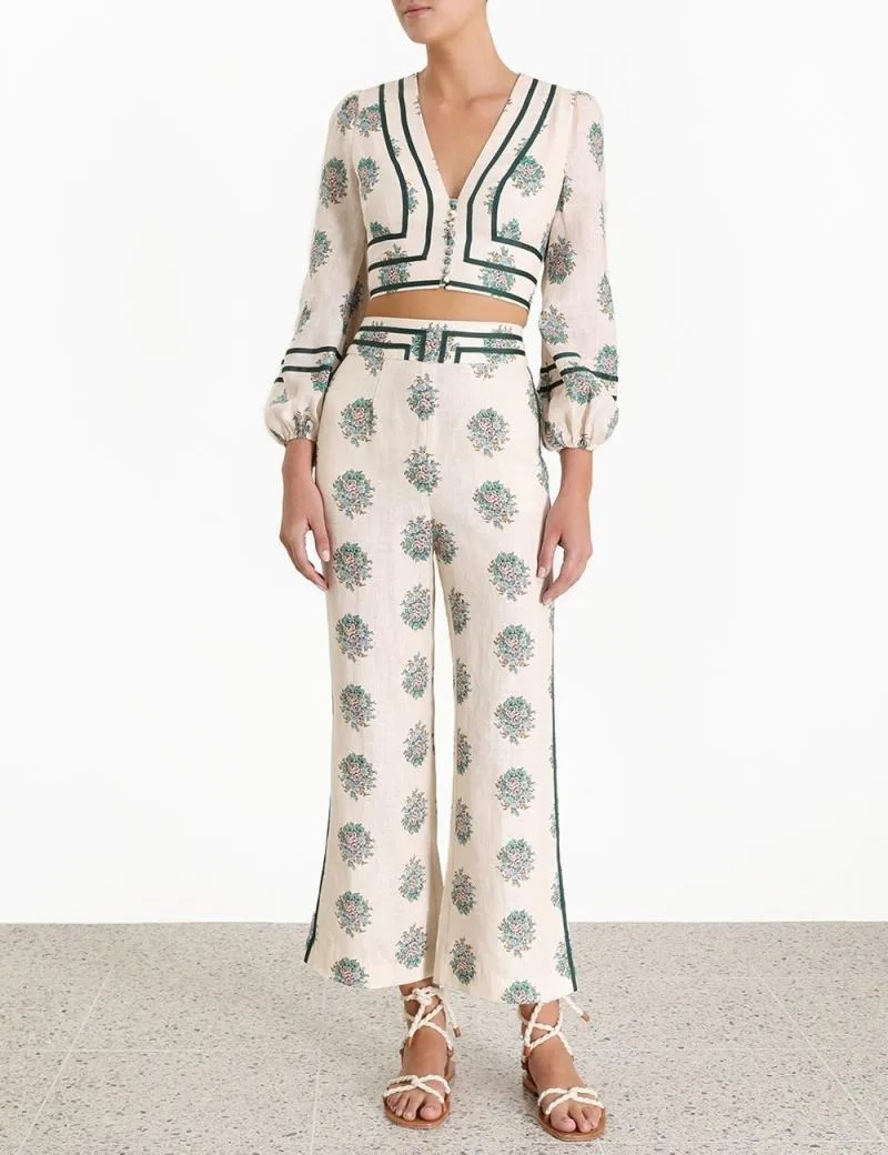 Женский льняной костюм с цветочным принтом подиумный винтажный комплект из топа