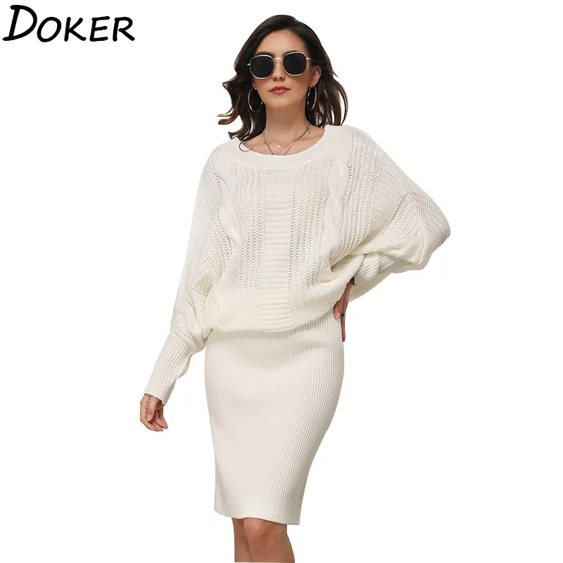 

2020 Autumn And Winter Sweater Dress Women O-neck Long Sleeve Vintage Elegant Ladies Dresses Loose White Casual Knitted Dress