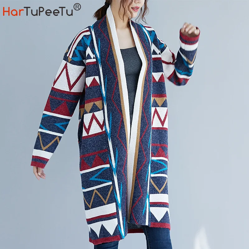 

Cardigan Sweater Women Oversize Loose Casual Knit Sweaters Autumn Geometric Print Colour Block Long Sleeve Outwear with Pockets