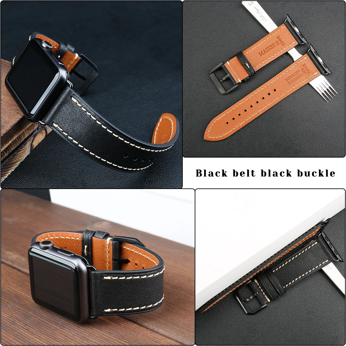 MAIKES Original Leather Band For Apple Watch Series 8 7 SE 6 5 4 3 45mm 41mm 44mm 40mm 42mm 38mm Watchband Handmade iWatch Strap