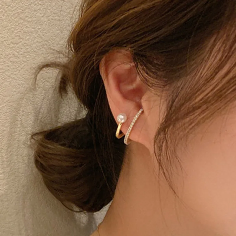 Корейские модные золотые двухслойные серьги-гвоздики с U-образным кристаллом и