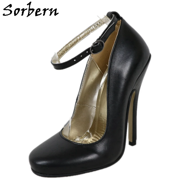 

Sorbern 14Cm 16Cm Sexy Women Shoes Genuine Leather Ladies Pump High Heel Matt Black Stilettos Round Toe Ankle Straps Custom