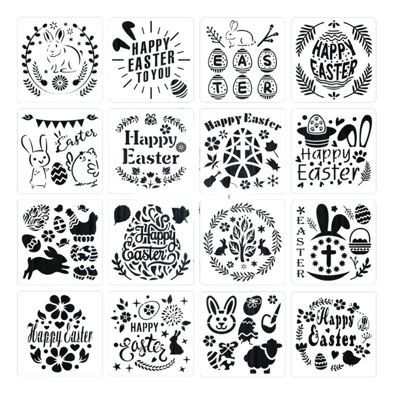 

16Pack 5.1x5.1'' Easter Drawing Stencils Templates, Washable Plastic Painting Stencils Easter Decorations Eggs Bunny