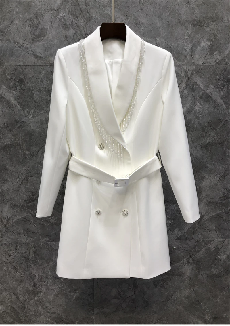 

New Blazer Dress 2022 Spring Fashion Style Women Notched Collar Beading Tassel Deco Long Sleeve Belted Black White Blazers