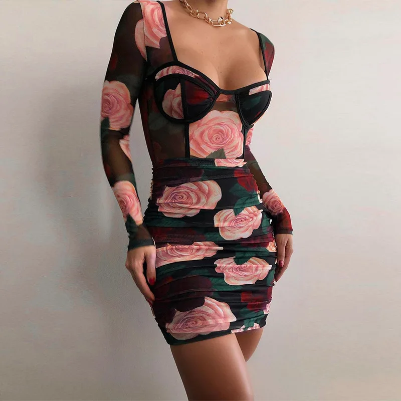 

2021 sexy mesh dress women's Rose Print Long Sleeve mesh perspective splicing Sexy Mini elegant party dress women's print spring