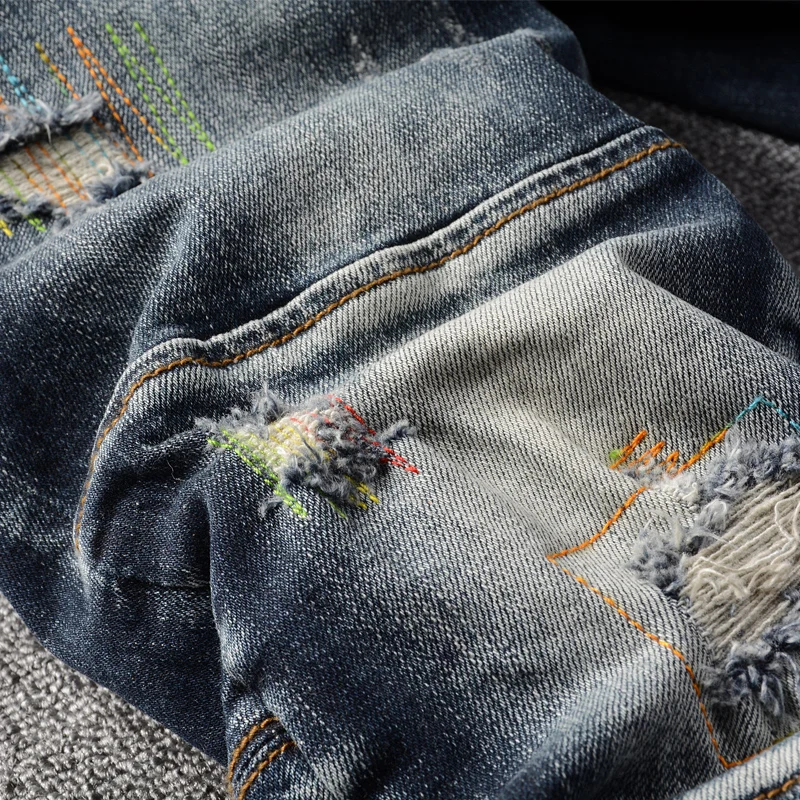 Korean Style Fashion Men Jeans Retro Black Blue Elastic Slim Fit Ripped Jeans Men Embroidery Designer Hip Hop Denim Punk Pants