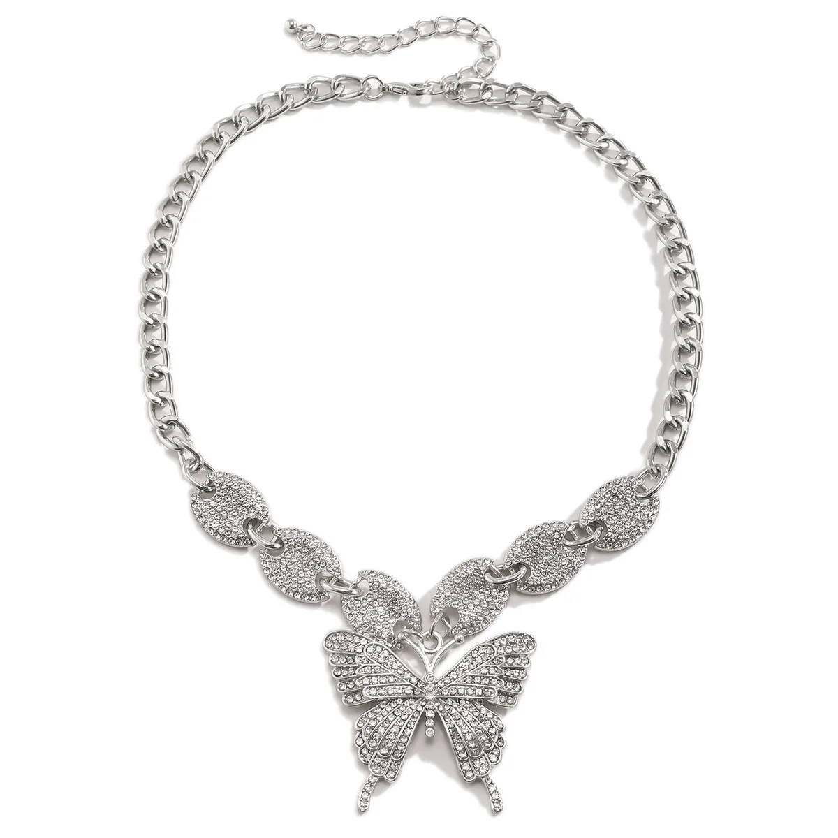 

2021 Trendy Aesthetic Full Crystal Butterfly Necklace For Women Rhinestone Pig Nose Clasp Chunky Chain Neckalces Hip Hop Jewelry