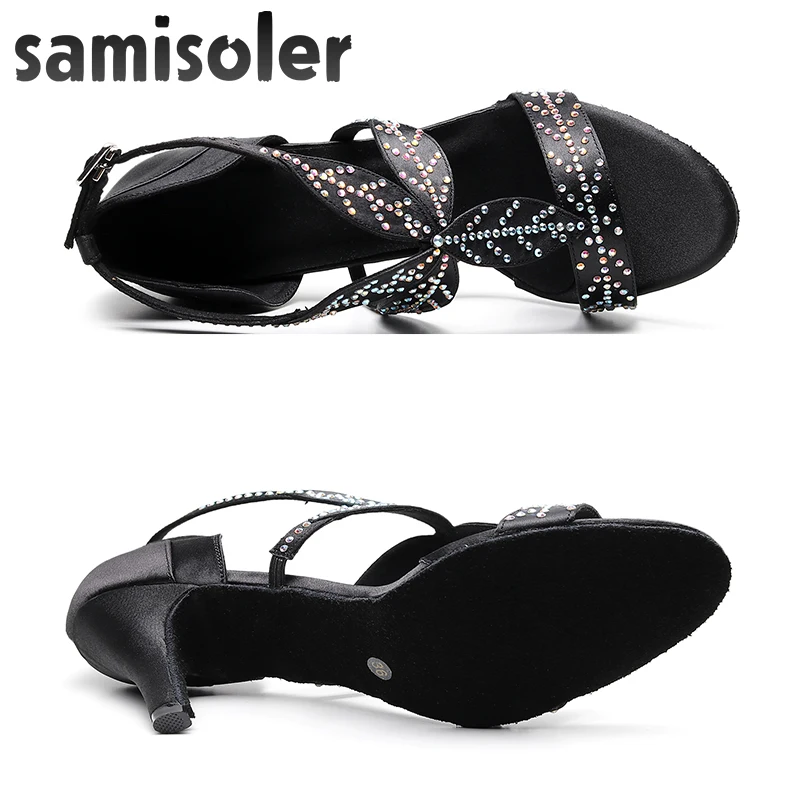 Samisoler/туфли для латинских танцев; zapatos de baile; женские черные атласные вечерние туфли для бальных танцев со стразами