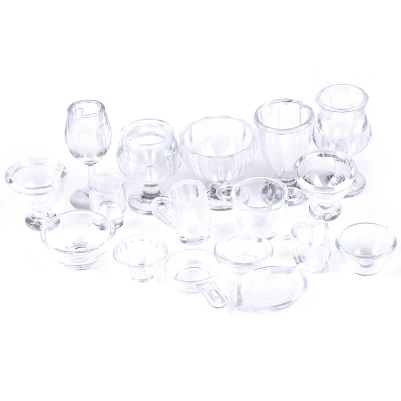 17Pcs/Set Mini Transparent Kitchenware Toy Drink Cups Dish Plate Tableware Miniatures DIY Pretend Play