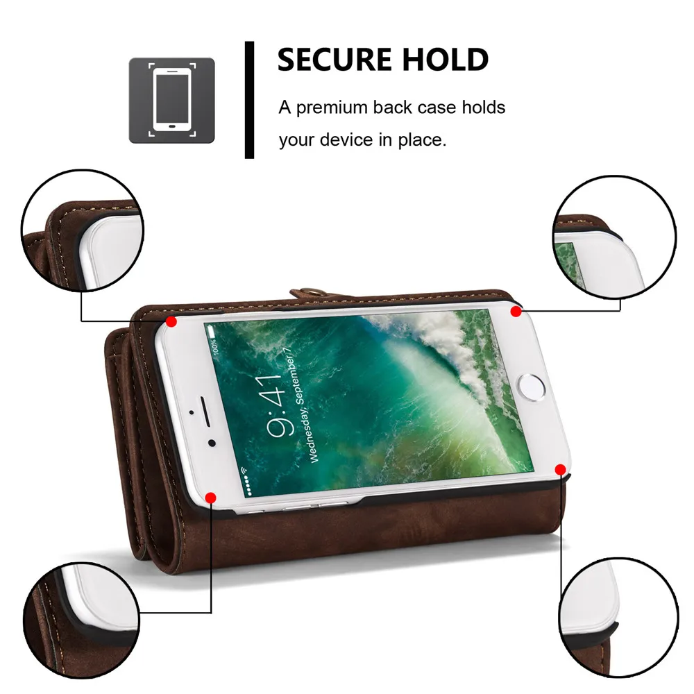 CaseMe Магнитный чехол кошелек из натуральной кожи на молнии для iPhone 12 Mini 11 Pro XS Max XR X