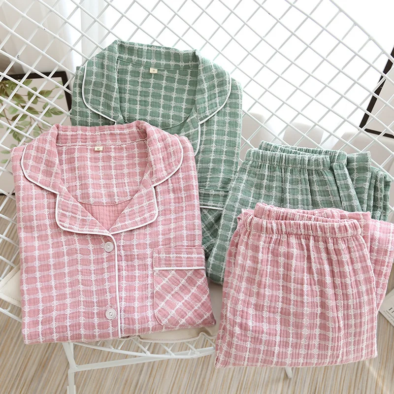 

2021 Cotton Crepe Ladies Plus Size Pajamas Long-sleeved Trousers Plaid Simple Home Service Women Sleepwear