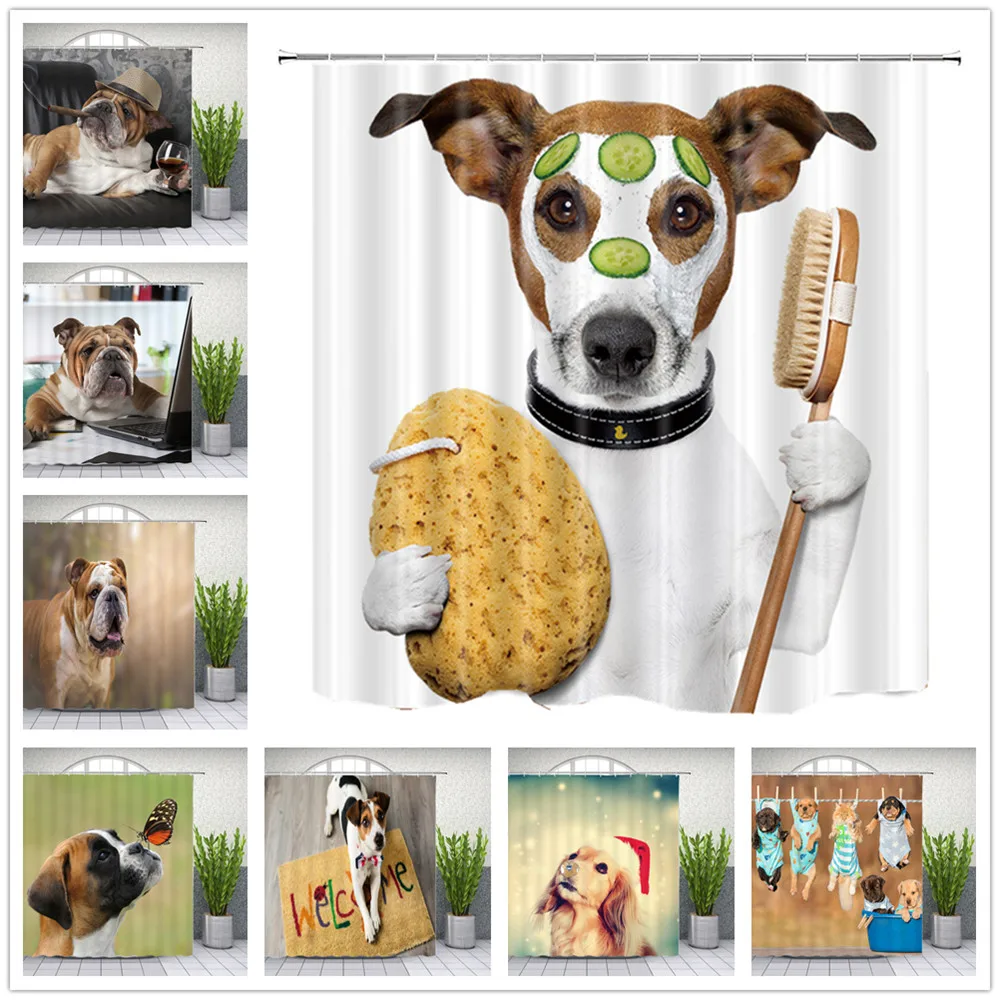 

Funny Pet Dog Shower Curtains Cute Animal Themed Pattern Print Bathroom Decor Home Bath Cloth Hanging Curtain Set with Hooks