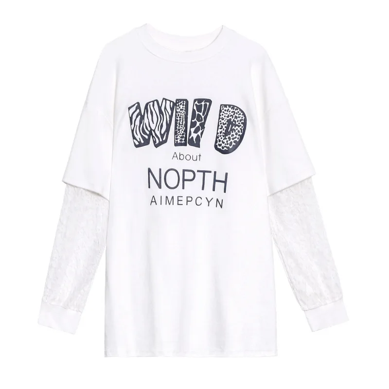 

QING MO Black White Women Letter Printed T Shirt 2021 Spring Autumn Women Lace Patchwork T Shirt Female Plus Size Inner ZQY6410