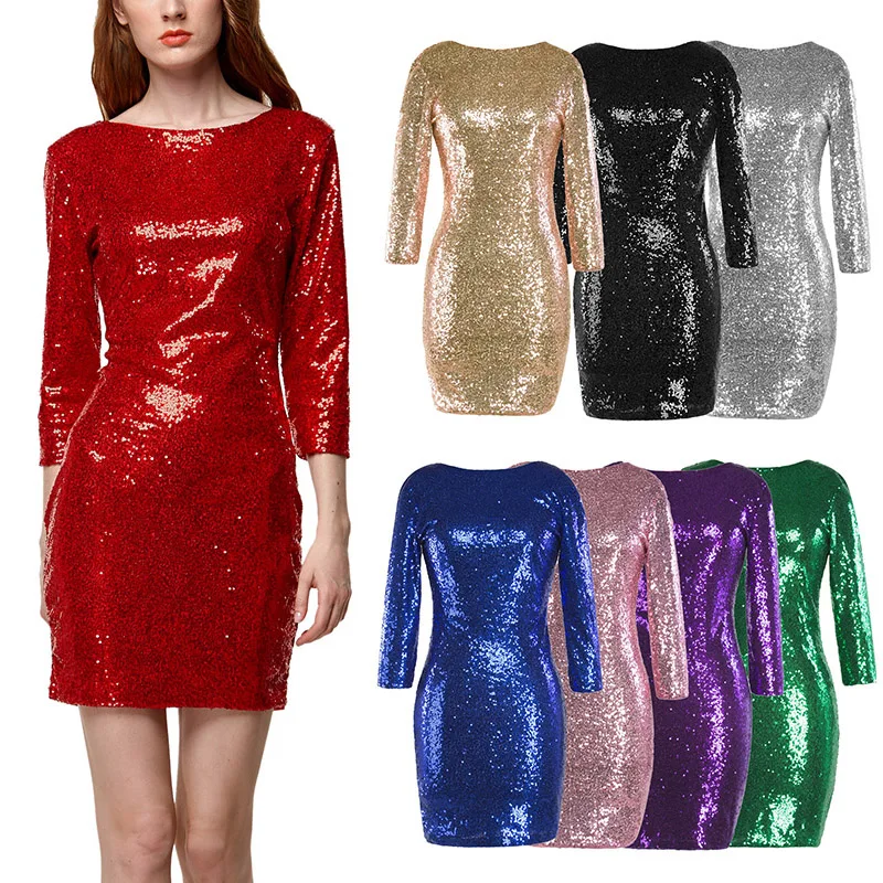 Женское вечернее платье с блестками модельное цельное карандаш круглым вырезом