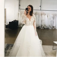 long sleeve wedding dress a line sexy v neck floor length tulle bridal gowns lace appliques charming white for lady custom made