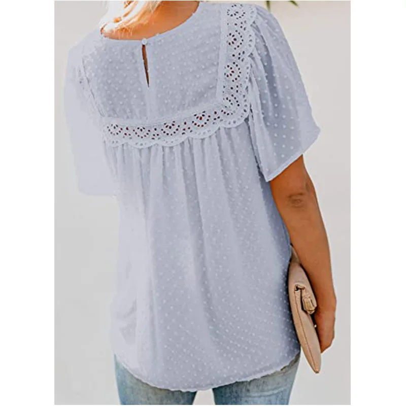 

2021 Summer O-Neck Lace Crochet Pompom Short-sleeved t Shirt Women Chiffon Casual Tees Vintage Streetwear Lady Fashion Tops