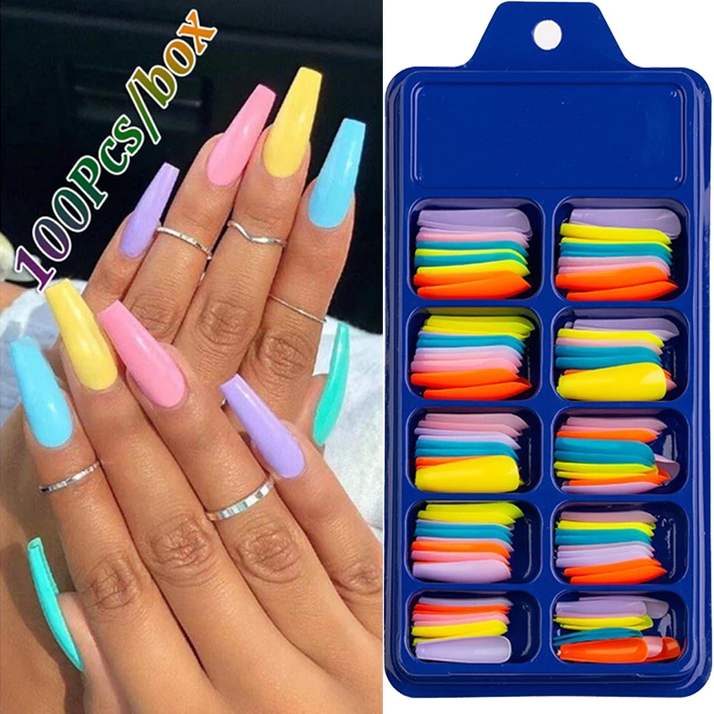

100 Pieces/set Fake Nails Full Cover Detachable Candy Color Ballerina False Nails Wearable Fake Nails Nail Tips Nail Decorations