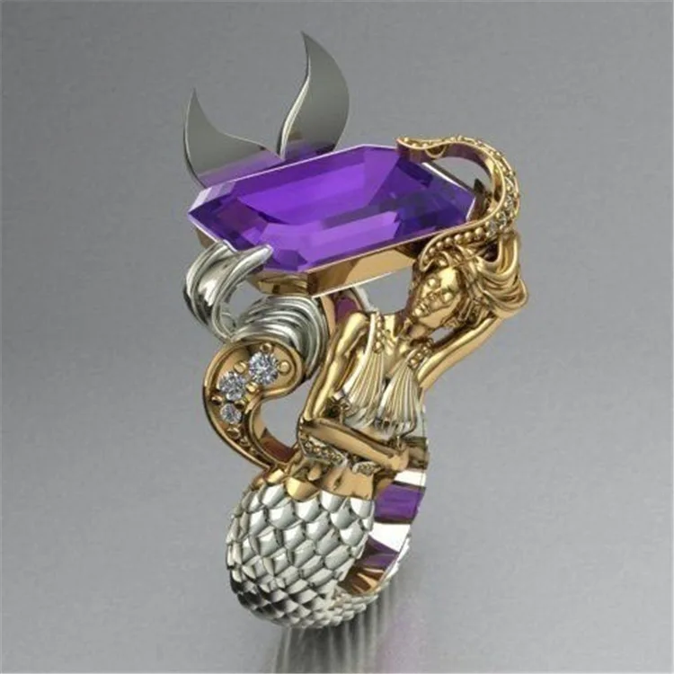 

MFY Creative Personality Two-tone Purple Zircon Mythology Figure Rings For Women Punk Style Mermaid Ring
