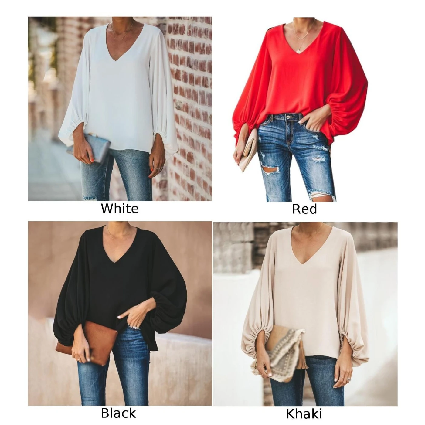 Women Tops Chiffon shirts puff Sleeve V-Neck Loose Fashion office lady blouse autumn tops |