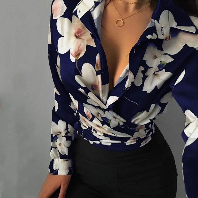 

Autumn Office Lady Pullover Blouse Women Sexy Long Sleeve Deep V Neck Long Sleeve Floral Chain Newspaper Print Fall Cross Shirts