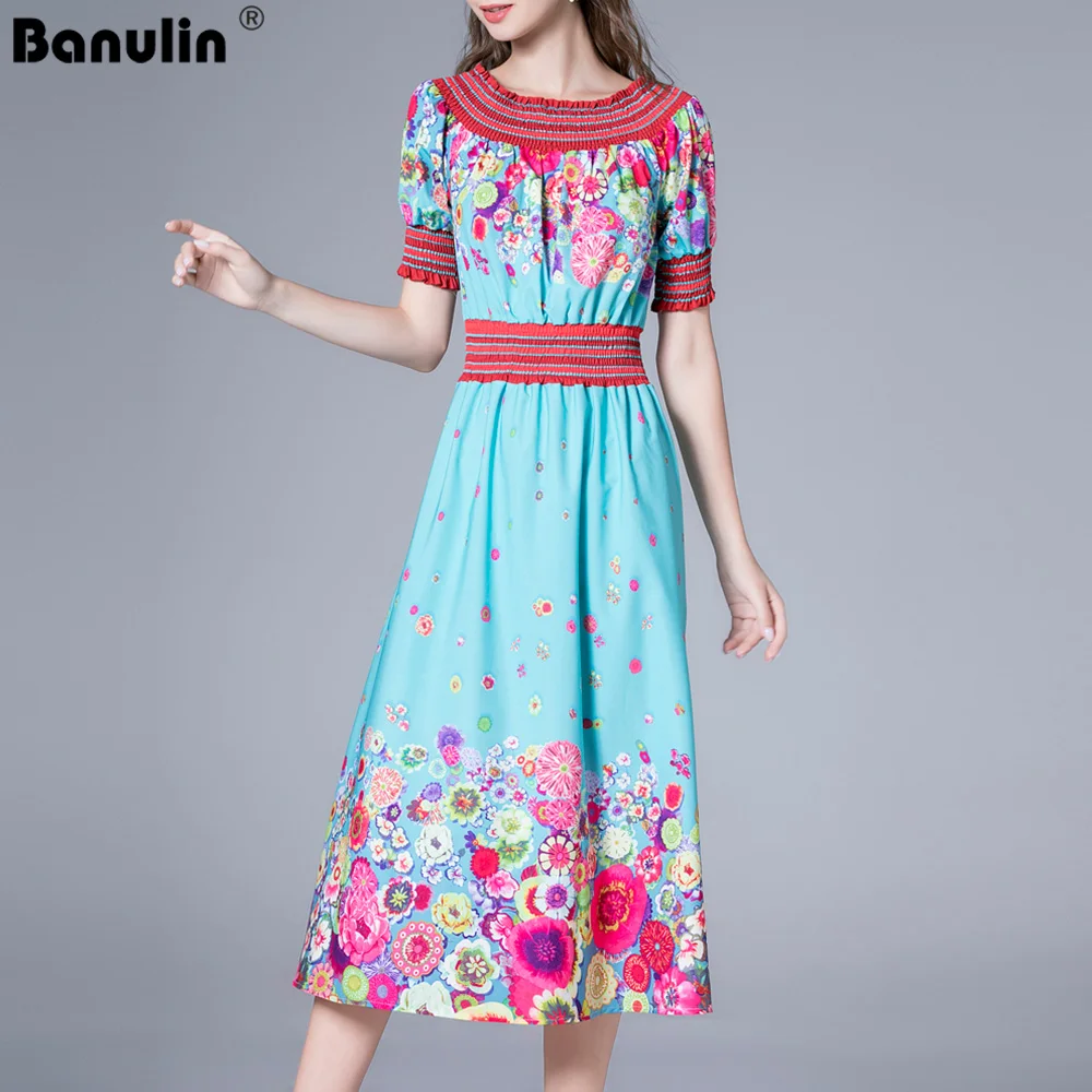 

2021 Summer Fashion Flower Print Dress Women Elegant O-Neck Puff Sleeve Slim High Waist Beach Boho Split Chiffon Vestidos