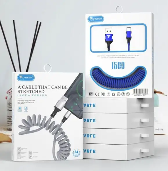 

5A Current Spring USB Cable Retractable Micro USB Type C Charging Cable Fast Charger Data Wire Cord For Samsung Huawei Android