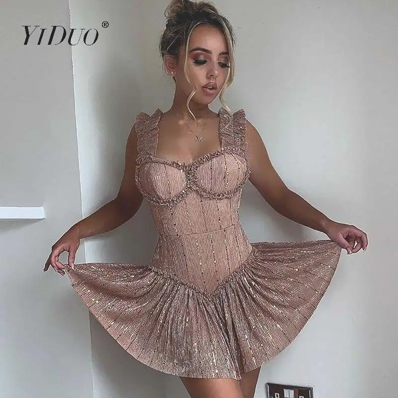YiDuo черное серебряное Золотое блестящее мини-платье с блестками модные