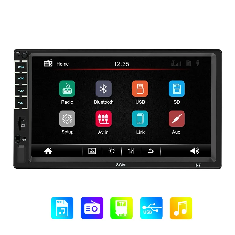 N7 7&quot Car Radio MP5 Multimedia Player Bluetooth FM AUX Stereo 2 Din Remote Control 12V U Disk TF Card Mobile Phone Charging |
