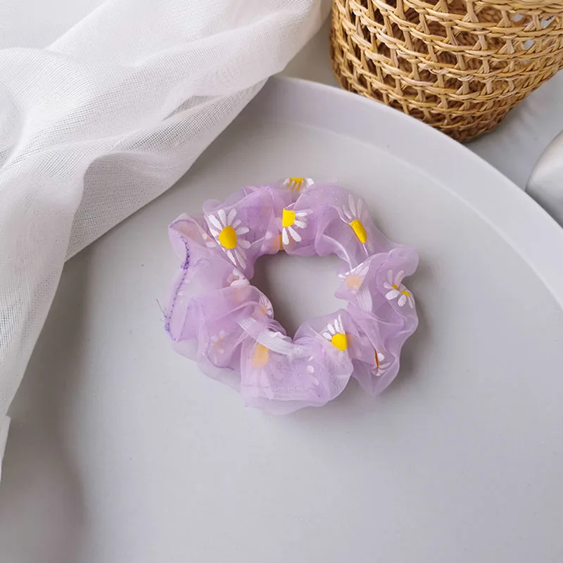 2020 Summer Chic Net Yarn Small Daisy Printed Hair Scrunchie For Girls Ponytail Holders Bands Elastic Accessories |