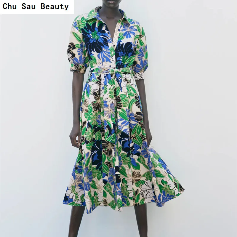 Платье-миди женское однобортное с отложным воротником коротким рукавом и поясом