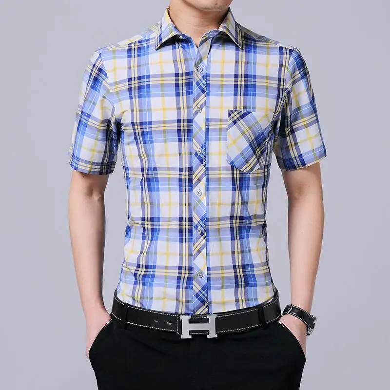 Летняя мужская клетчатая рубашка Chemise homme с коротким рукавом на пуговицах, тонкая деловая Повседневная рубашка, большой размер 5XL, Мужская брендовая одежда