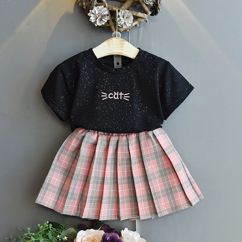 

2021 Summer Plaid Cute Girls Clothes Sets Fashion Toddler Kids Clothing Children 3-7Y Skirt+T-Shirt Set